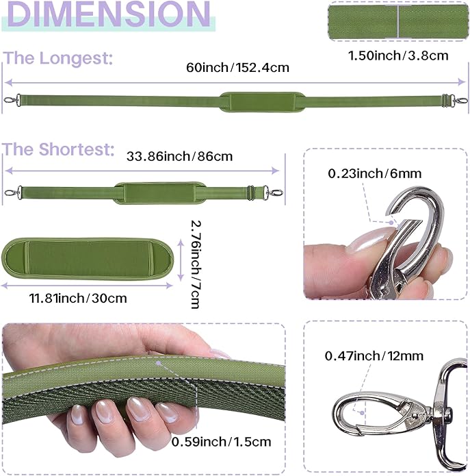 60 Inch Shoulder Strap with Removable Ultra-Thick Pad，Adjustable Buckles and Metal Hooks