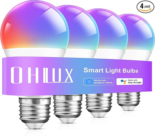 OHLUX Smart Light Bulbs, Color Changing LED Bulbs for Alexa and Google Assistant, 2.4GHz WiFi and Bluetooth with Music Sync, E26 A19, 120V, 4 Pack