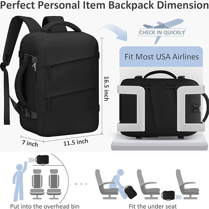 Travel Backpack for Women Men Carry on Flight Approved Lightweight 15.6 Inch Laptop Backpack Duffle College Business Work Weekender Hiking Travel Essentials Suitcase Backpack Black