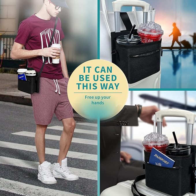 Travel Luggage Cup Holder, Liveagain Drink Caddy, Luggage Cup Holder Attachment, Free Hand Suitcase Drink Carrier for Drinks Beverages, Coffee, Bottles, Snack (Black)