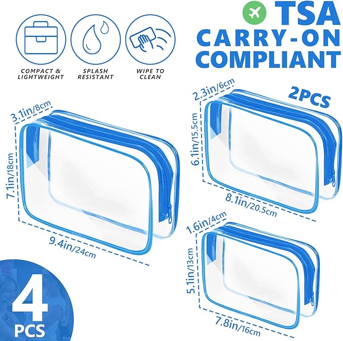 AURUZA Clear Makeup Bag,Portable Travel Toiletry Bags with Zipper, TSA Approved Clear Organizer Bags, PVC Cosmetic Pouch for Airport Airline Compliant (4 Packs Blue)