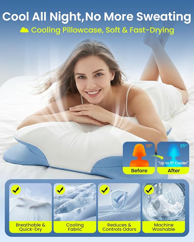 RAINBOW NOTE Ergonomic Contour Memory Foam Pillow, Adjustable Height Cervical Pillow for Neck Pain Relief, Blue White, 24×16.5×5.5 Inches