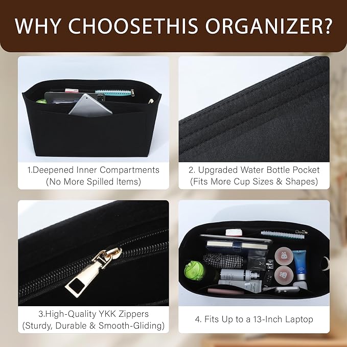 Premium Felt Purse Organizer Insert for Longchamp Le Pliage, Zipper Long Champ Bag Organizer Insert with Cup Holder, 9 Compartments