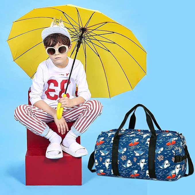 CAMTOP Kids Duffel Overnight Bag for Boys and Girls Toddler Carry-On Size Tote for Travel Duffle Gym Sport (Shark-Dark Blue)