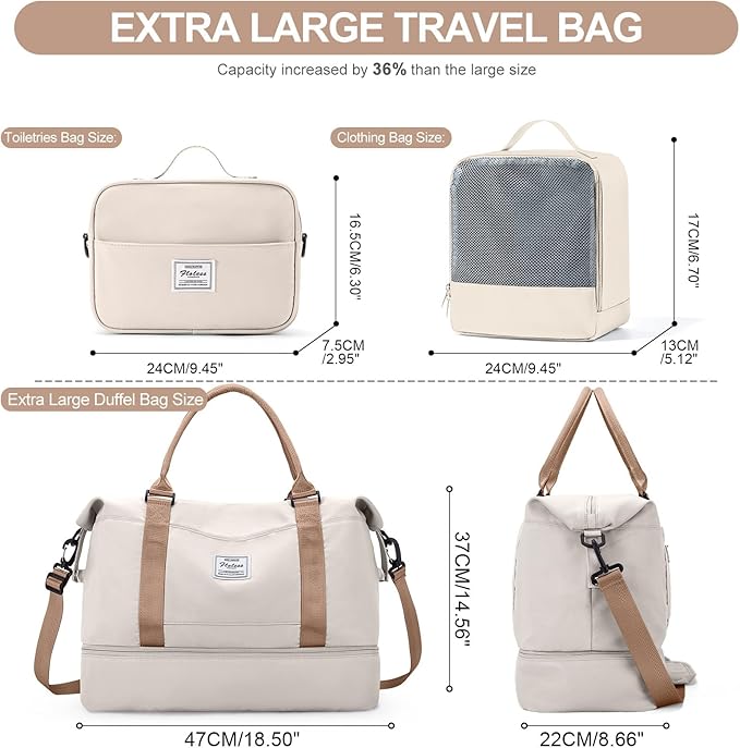 Weekender Bags for Women,Travel Duffle Overnight Bag with Shoe Compartment,Personal Item Carry On Bag,Beige & Brown,Extra Large,3 Pcs Set