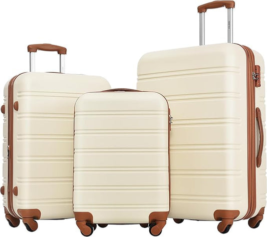 Merax Luggage Sets 3 Piece Suitcase Set 20/24/28,Carry on Luggage TSA Lock Expandable,Hard Case Luggage with Spinner Wheels,White and Brown