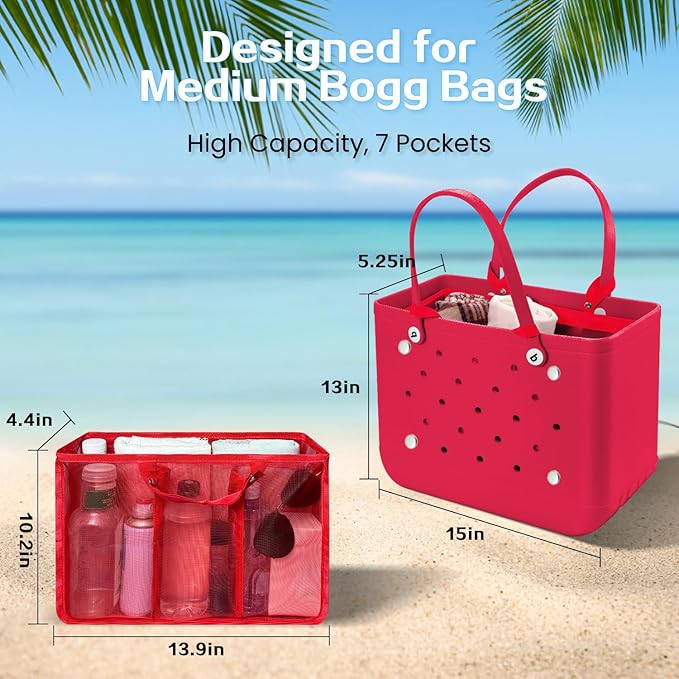 XYFuuee Beach Bag Organizer Inserts for Baby Medium Bogg Bag Accessories with 8 Removable Metal Fasteners, Lightweight Mesh Insert Divider Pouch, Organizing Rubber Tote, Save Storage Space, Red M