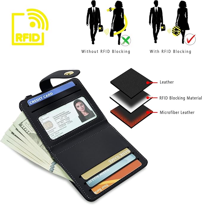 Airkit Small Wallets Woman RFID Blocking Leather Credit Card Holder - with ID Window - Card Wallets for Women - with Zipper Coin Purse - Keychain Wallet