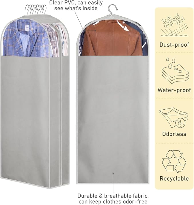 MISSLO 10" Gusseted Garment Bags for Hanging Clothes 50" Long Dress Bags for Closet Storage Dress Cover for Suits, Coats, 3 Packs, Grey