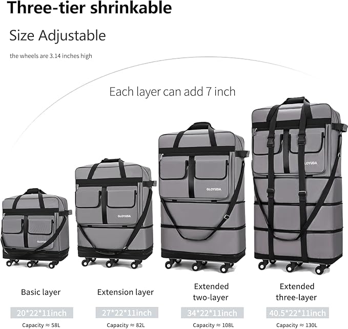 130L Expandable Luggage, 40 Inch Suitcase with Wheels, Collapsible Luggage with Wheels, Rolling Duffle Bag with wheels, Foldable Suitcasewith2Handle Wrap 2Fixing Straps 1Shoulder Strap (gray)