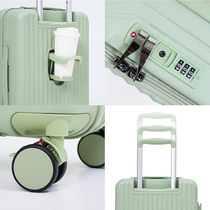 20 Inch Top Opening Carry On Luggage 22x14x9 Airline Approved Expandable With Spinner Wheels & Cup Holder,PC Hard Shell Lightweight Small Shitcase With Tsa Approved For Travel Women Men,Green