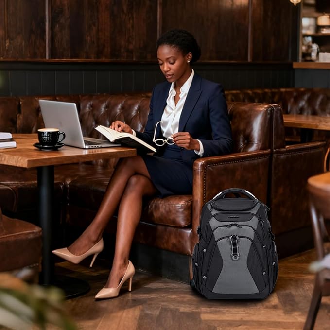 KROSER Travel Laptop Backpack 18.4 Inch XXXL Gaming Backpack with Hard Shell Saferoom RFID Pockets Water-Repellent Business College Daypack Stylish Laptop Bag for Men/Women-Black Grey