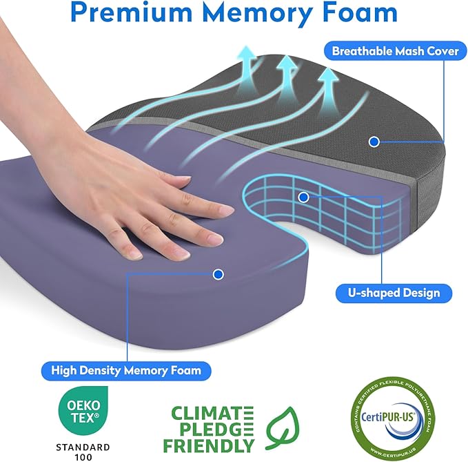 Seat Cushion, Office Chair Cushions, Car Seat Cushion, Non-Slip Sciatica & Back Coccyx Tailbone Pain Relief Chair Pad, Memory Foam Butt Pillow for Computer Desk, Wheelchair, Driving (Grey)