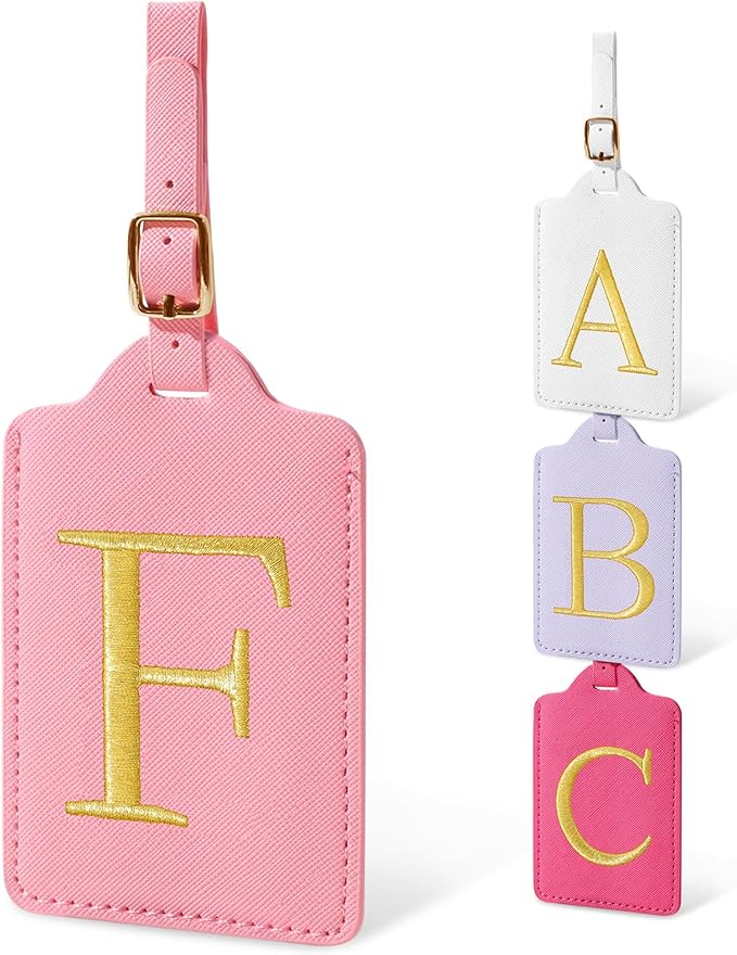 Initial Letter Luggage Tags for Suitcases, Embroidered Monogrammed Suitcase Luggage Identifier Name Tag, PU Leather TSA Approved Luggage Tags, Bag Tags for Men Women Kids Luggage Handbags(Pink F)