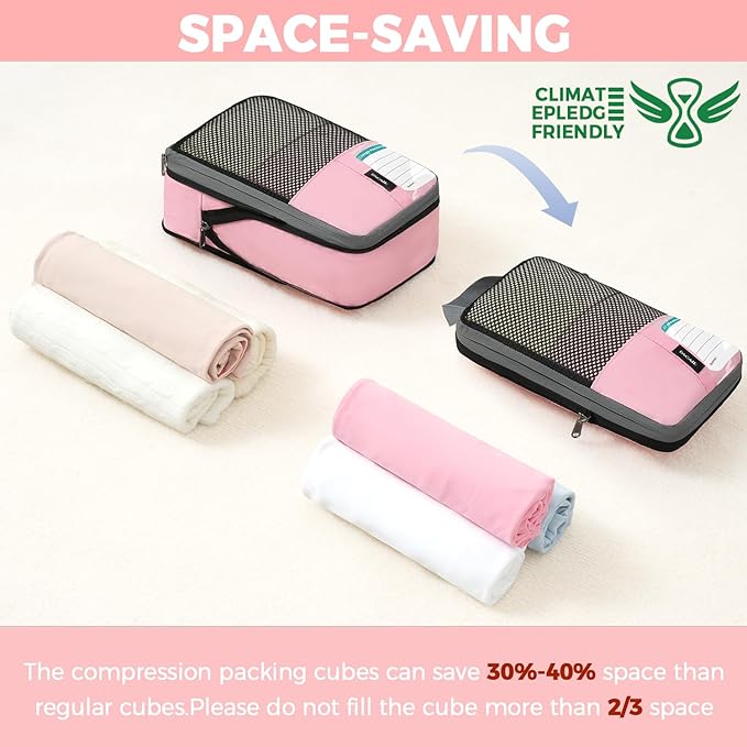 BAGAIL 4/6 Set/8 Set Compression Packing Cubes Travel Accessories Expandable Packing Organizers(HalfMesh, 8-Pink)