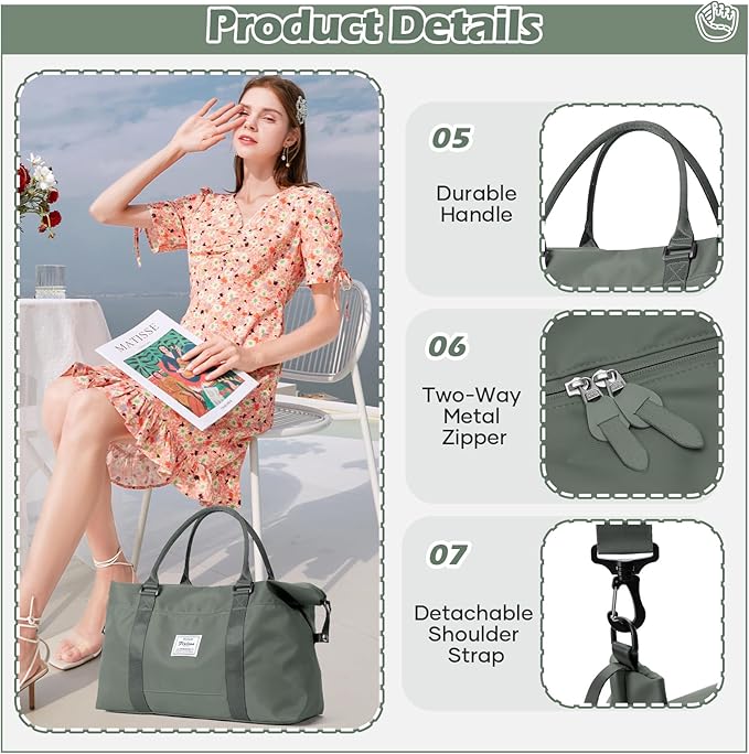 Small Gym Duffel Bag, Travel Weekender Bags for Women, Overnight Gym Carry On Tote Bag with Wet Pocket, Hospital Mom Bag for Labor and Delivery - Green