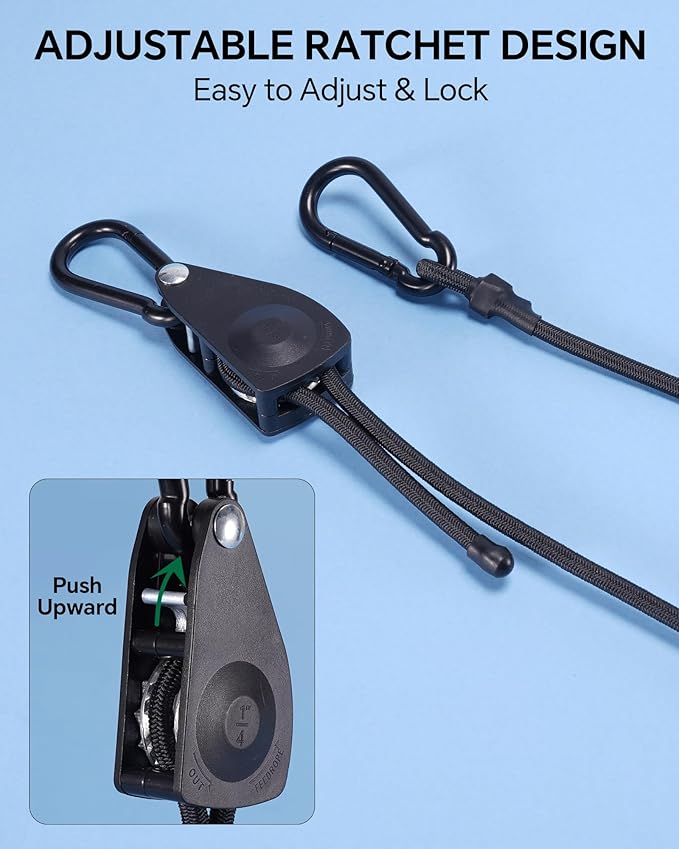 24" Heavy Duty Adjustable Carabiner Bungee Cord with Hooks, Easy to Adjust from 7" to 24", Black Ratchet Bungee Straps with Iron Carabiners & Superior Elasticity for Cargo, Luggage, Carts, etc (4 Pcs)