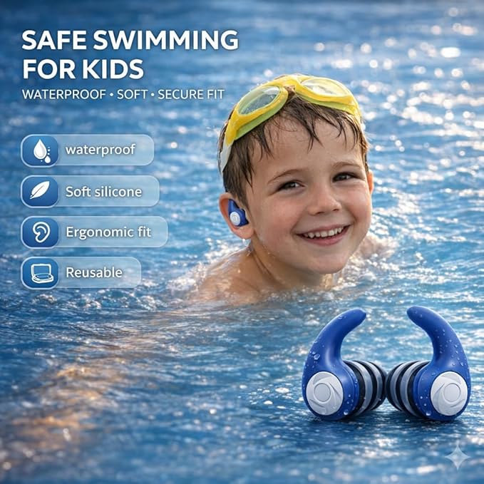 Waterproof Swimming Ear Plugs for Kids - 3 Pairs of Reusable Soft Silicone Swim Earplugs,Ear Protection for Children (4-12 Years Old) - Ideal for Surfing, Diving, Pool, Showering, and Water Sports