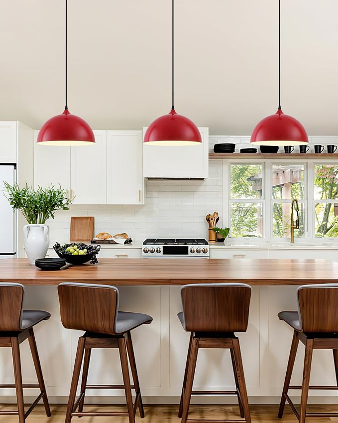 Industrial Pendant Light Fixtures,11.8" Red Dome Pendant Light Over Kitchen Island 3 Pack, Adjustable Vintage Ceiling Hanging Lamp for Bedroom Restaurant Bar Cafe Dining Room Sink