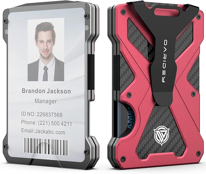 Oaridey Minimalist Wallet for Men- Slim Aluminum Metal Money Clip Wallet with Clear ID Card Holder, Carbon Fiber Wallet, RFID Blocking,Holds up 15 Cards with Cash Clip,Ultra-Thin Tactical Wallet- Red