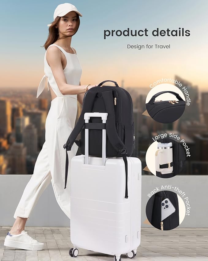LOVEVOOK Laptop Backpack for Women with Leather Trim & Tumbler Pockets, 15.6" Work Backpack Purse, Travel Personal Item Bag, Carry On Business Computer Bag for Office, School, Gift, Lustrous Graphite