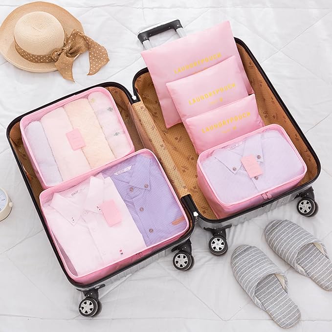 6 Set Packing Cubes for Travel Luggage Packing Bags Reusable Waterproof Suitcase Organizer Bags Set with Shoe Bag and Toiletry Bag (Pink)
