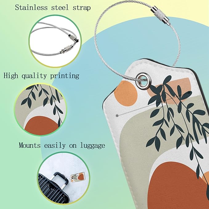 Luggage Tags for Suitcase,2 Pack Boho Sun Leaves Luggage Tag Abstract PU Leather Privacy Cover ID Label with Stainless Steel Loop for Women Men Teens Travel