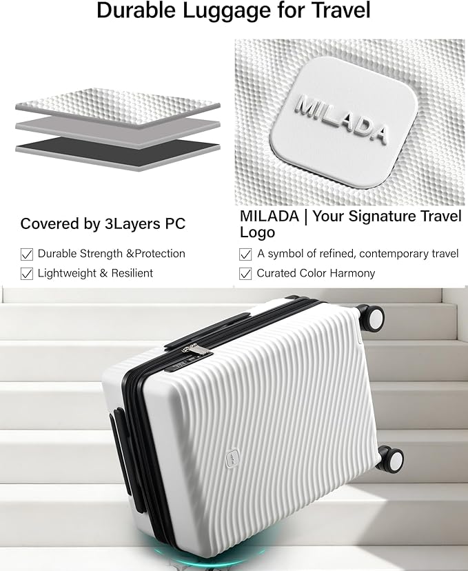 MILADA Expandable Carry On Luggage 20 Inch - Airline Approved Hardshell Suitcase with 8 Spinner Wheels, TSA Lock, Water-Resistant PC Shell, Lightweight & Durable for Travel, White