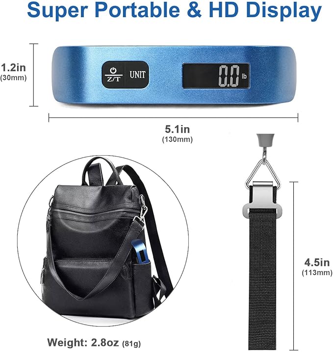 travel inspira Luggage Scale, Portable Digital Hanging Baggage Scale for Travel, Suitcase Weight Scale with Rubber Paint, 110 Pounds, Battery Included