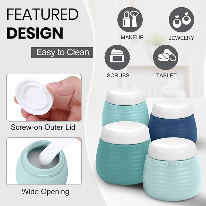 Travel Bottles for Toiletries 8 Pack, TSA Approved Travel Size Toiletries Containers Set, 4 Silicone Leak Proof Refillable Bottles and 4 Creams Jars Accessories Kit W/Clear Bag (GREEN)