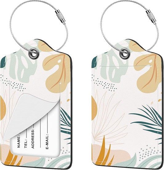 2 Pcs Luggage Tag for Suitcases, Abstract Boho Leaves Cute PU Leather Suitcase Tag Privacy Cover ID Label with Metal Loop, Personalized Baggage Identifier for Women Bag Travel Essentials