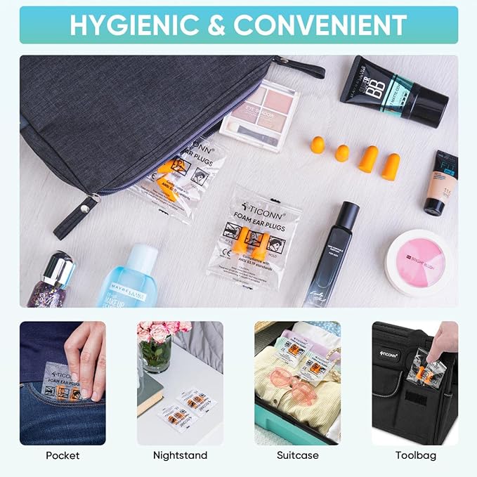 TICONN 40 Pairs Foam Ear Plugs, Individually Wrapped 32dB NRR Noise Reduction Earplugs for Sleeping Hearing Protection Travel Study Concentration Construction Site (40Pairs)