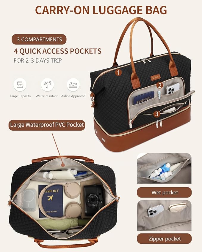 Weekender Bags for Women, Travel Duffle Bag Carry On Overnight Bag with Cosmetics Bag and Crossbody Purse for Gym Hospital, Gifts for Women, Black Brown