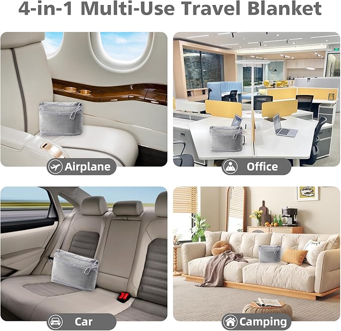 Travel Blanket with Carry Bag, Lightweight Wearable Airplane Blanket, Soft Packable Throw for Travel & Office Light Grey