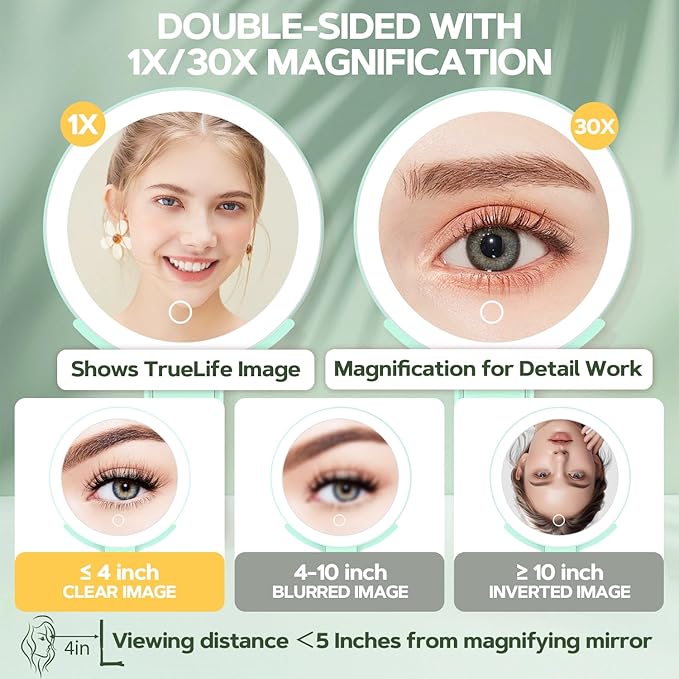 MIYADIVA Lighted Makeup Mirror, 30X Magnifying Mirror with Light, Hanging and Handheld Mirror with Handle, Green