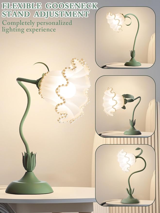 Flower Table Lamp, LED Reading Light Vintage Night light (Green Pearls) | 3 Colors Modes Kawaii Bedside Lamps Decor,Living Room Bedroom Room Lighting Table Lamps Home Decoration