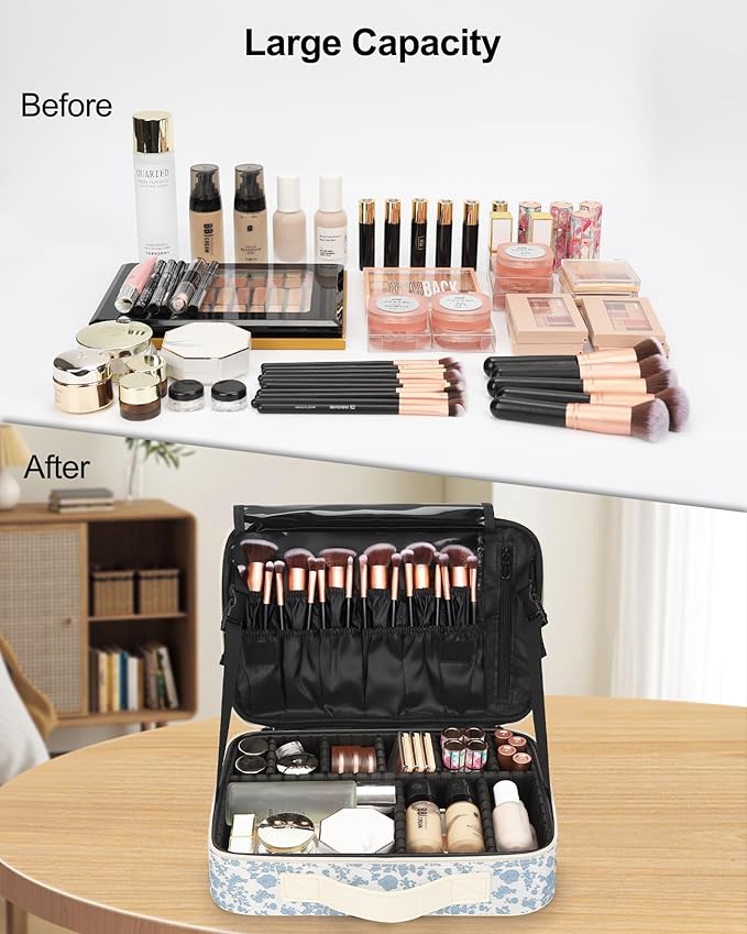Relavel Makeup Bag Travel Train Case for Women and Girls, Cute Cosmetic Storage Organizer Box Portable Shoulder Bag with Adjustable Dividers and Makeup Brush Comparment, Floral Print
