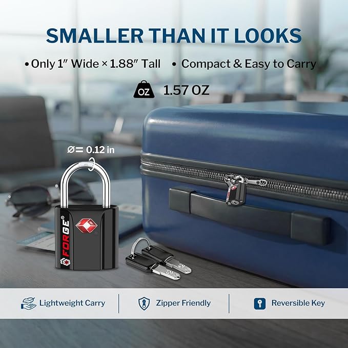 Forge Small Size TSA Approved Luggage Locks. Key Locks for Travel. Ultra Secure Dimple Key Travel Locks Alloy Body Luggage Locks. 4 Color Pack.