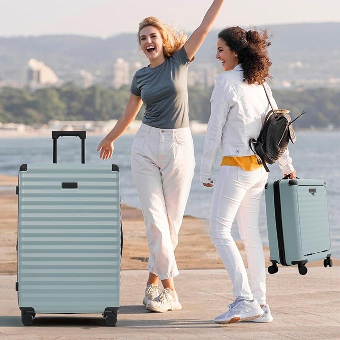 Merax Luggage Sets Front Opening, 3 Piece Hardshell Suitcase with Spinner Wheels and Bags,Lightweight Carry on Luggage with USB Port and Cup Holder,20+24+28,Light Blue