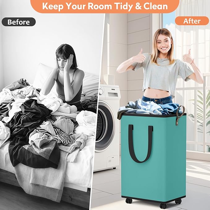 Laundry Basket with Wheels, Collapsible Laundry Baskets, Laundry Hamper with Handles Detachable Wheels, Rolling Laundry Basket, Dirty Clothes Hamper for Bathroom, Dorm, Bedroom, Green, 80L