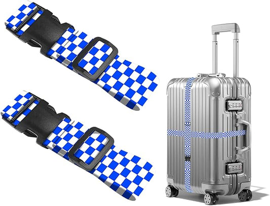 Nuxovilar Luggage Straps of 2 Set Blue White Checkered Pattern, 1.96x90.5 inches - Luggage Straps for Suitcases, Ideal for Sea Trips, Casual Trips, Daily Use