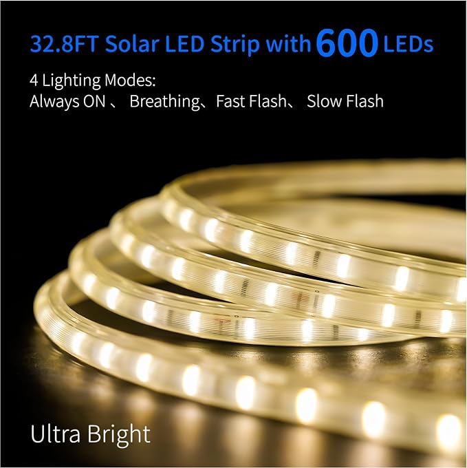 Solar Rope Lights Outdoor Waterproof 32.8FT 3000K for Step, Garden, Patio | 2 Pack 4000mAh Battery 600 LEDs 3000K Warm White Solar Powered Dusk to Dawn IP65 Bright Thick with 4 Modes Landscape Lighting