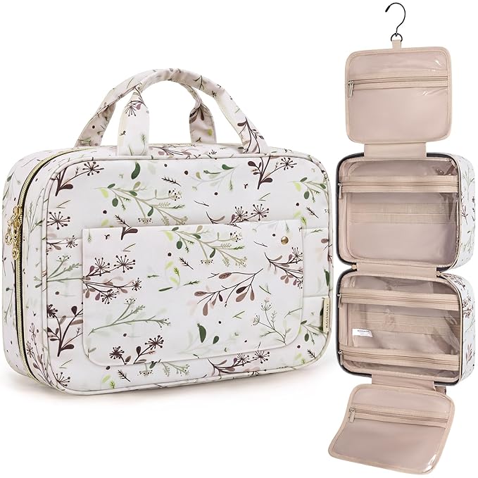 BAGSMART Toiletry Bag Travel Bag with Hanging Hook, Water-resistant Makeup Cosmetic Bag Travel Organizer for Accessories, Shampoo, Full-size Container, Toiletries (Beige Ditsy Floral, Medium)