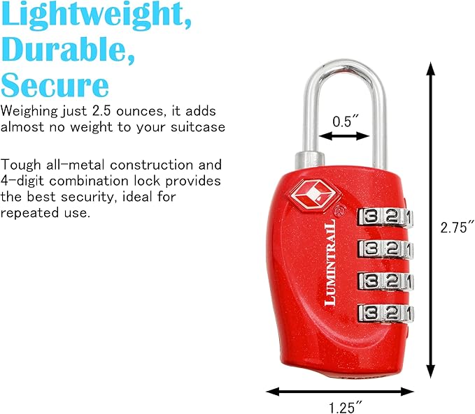 Lumintrail TSA Approved Locks, 4 Digit Combination Luggage Locks TSA Approved, Travel Locks for Luggage & Suitcase with 4-FT Steel Cable, Red, 1 Pack