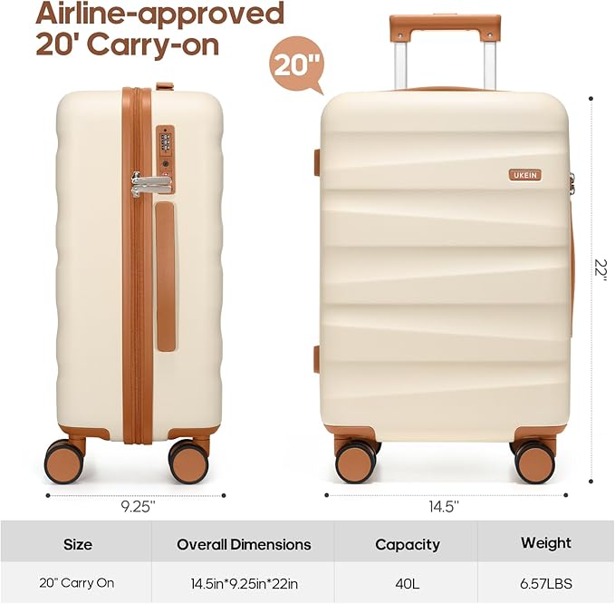 UKEIN Luggage Set with Backpack,Polycarbonate Carry On Luggage Airline Approved with Spinner Wheels, Hardshell Travel Suitcase Set with TSA Lock (Beige, Carry on (20inch))