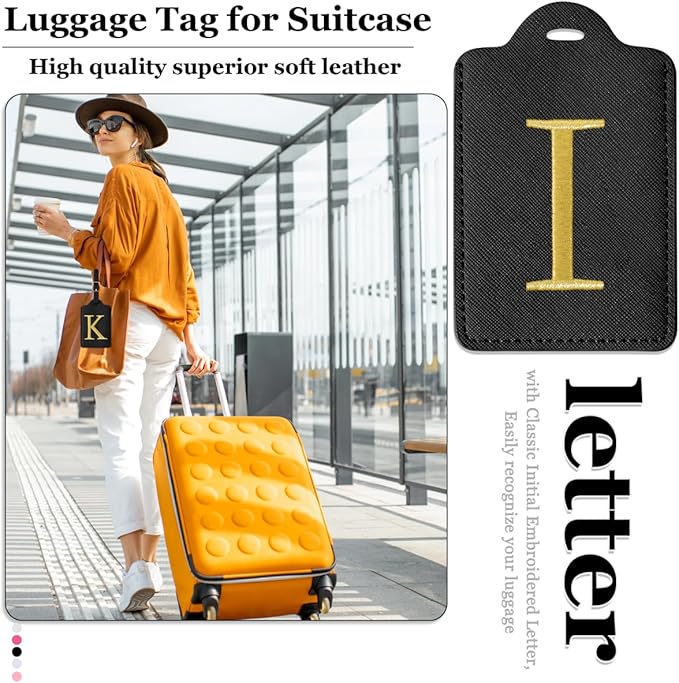 Personalized Initial Luggage Tags for Suitcases,Leather Letter Cute Luggage Tags with Privacy Name Card,Embroidered Monogrammed Travel Bag Backpack Tag Gifts for Women Kids Girls Teens(Black-I)
