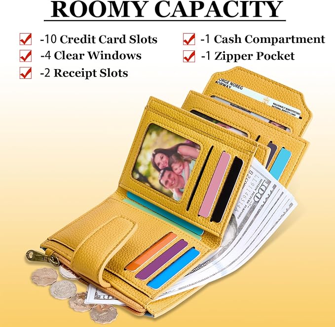Airkit Small Wallet Women RFID Blocking Soft Leather Bifold Compact Card Holder Wallet for Women with Zipper Coin Pocket 4 ID Window
