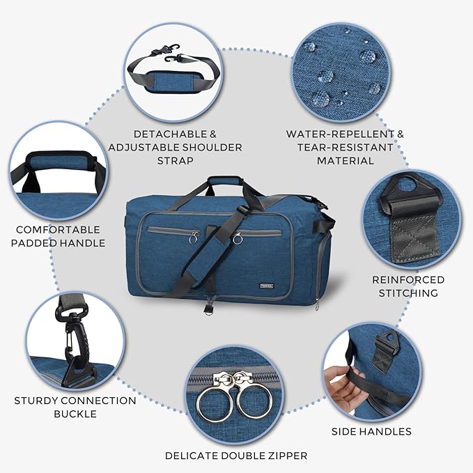 Fmeida 65L Duffle Bag with Shoes Compartment, Foldable Travel Duffel Bags for Men Women, Large Packable Travel Bag Water Repellent & Tear Resistant (Blue)