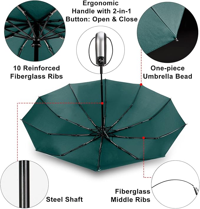 TradMall Travel Umbrella Windproof with 46 Inches Large Canopy 10 Reinforced Fiberglass Ribs Ergonomic Handle Auto Open & Close, Dark Green