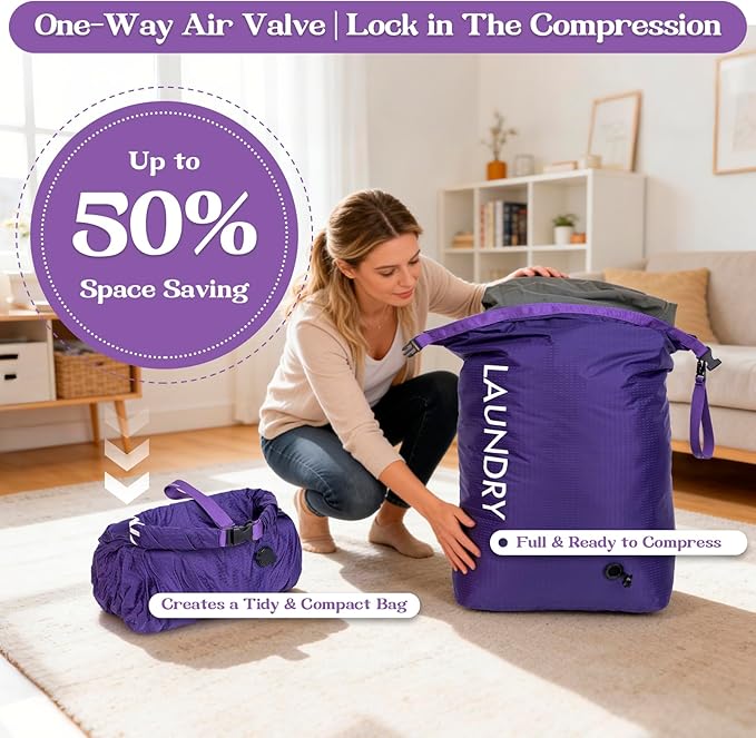 Travel Laundry Bag, Vacuum Compression Dirty Clothes Travel Bag, Waterproof Wet/Dry Space-Saving Laundry Storage Organizer, Smell Proof Storage Bag for Clothing, Swimming, Yoga, Gym, Camping